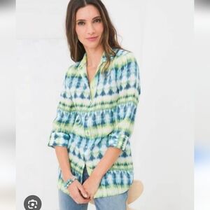 Chico's Blue and Green Tie-Dye Button Down Shirt Women Size L 100% Linen